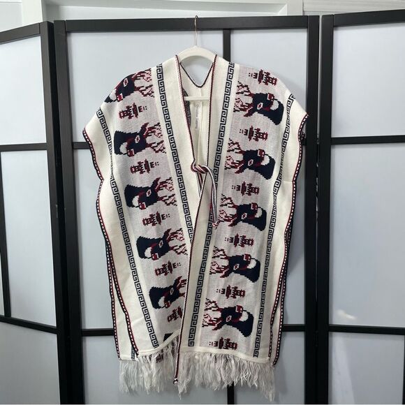 [l] Creme White Knit Holiday Poncho Sweater with Navy Blue & Red Reindeer Print - Picture 1 of 14